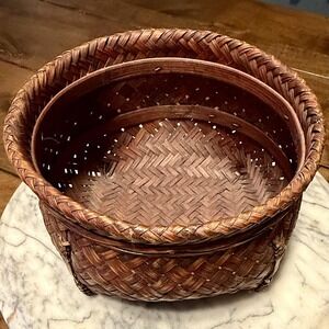 VTG Handwoven Rattan Bamboo Basket Decorative Wicker Rustic Home Décor 6.5x4"